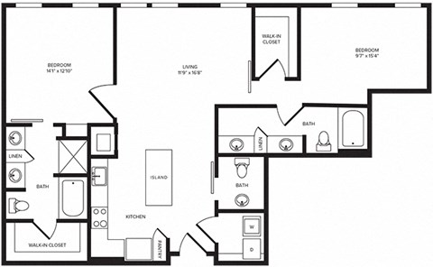 Floor plan for 2 beds, 2 baths, 1281 sqft